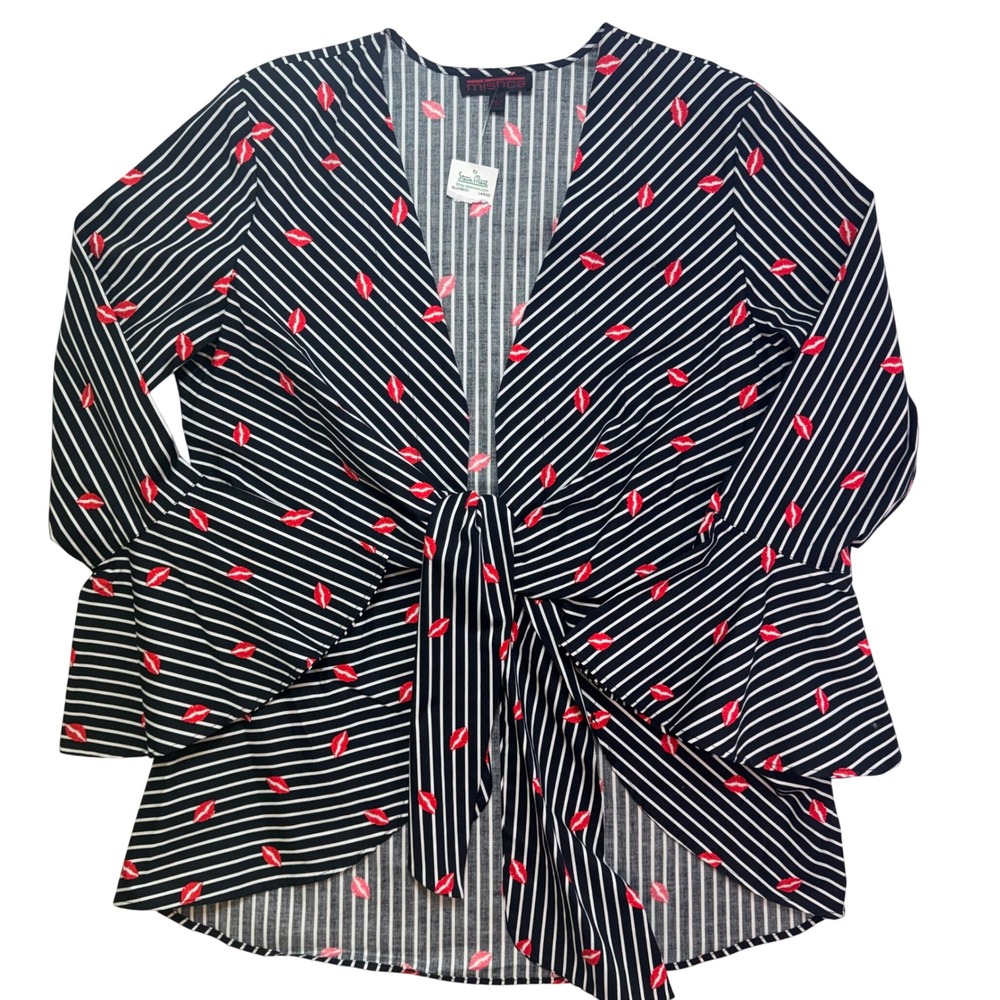 Mishca Womens Red Lips‎ Striped Tie Front Bell Sleeve Blouse Black White LG NEW